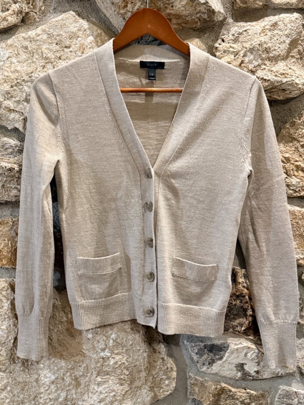 J. Crew Merino Wool Tan V neck Cardigan Sweater sz S